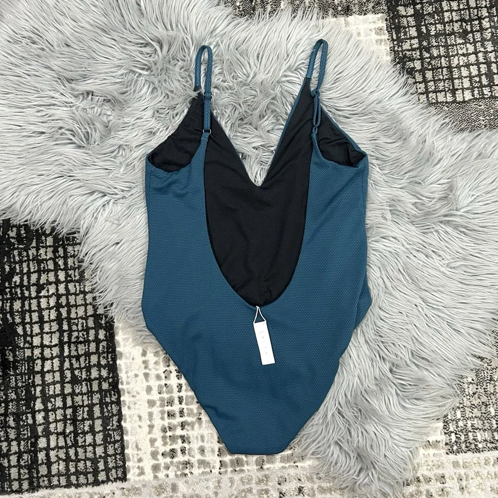 LEITH Solid Teal Textured Plunge Halter One-Piece Swimsuit Size Large‎ ($68)